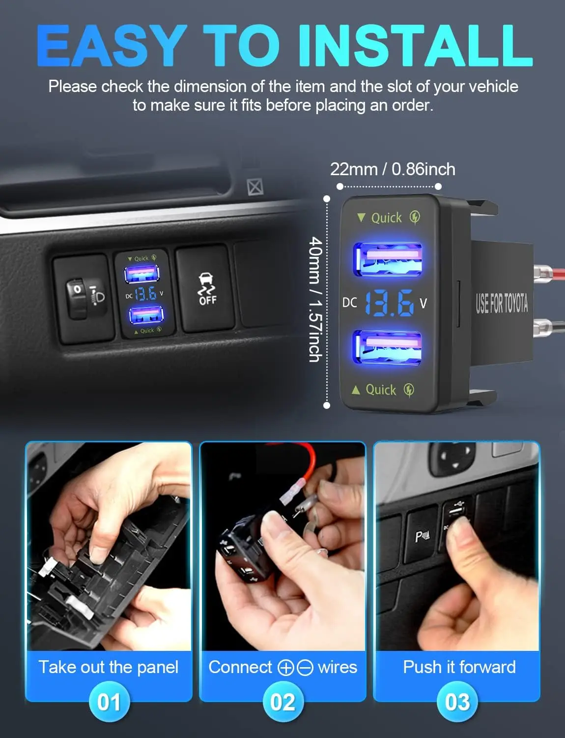 Quick Charge 3.0 Dual USB Port Charger Socket Car Charger Accessories Compatible with Mobile Phones for Toyota