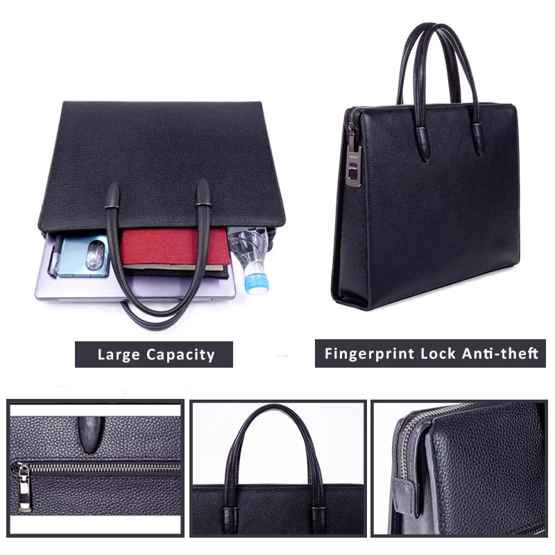 2024 New design Waterproof Anti Theft Fingerprint Lock custom office laptop bag lightweight documents genuine leather briefcase