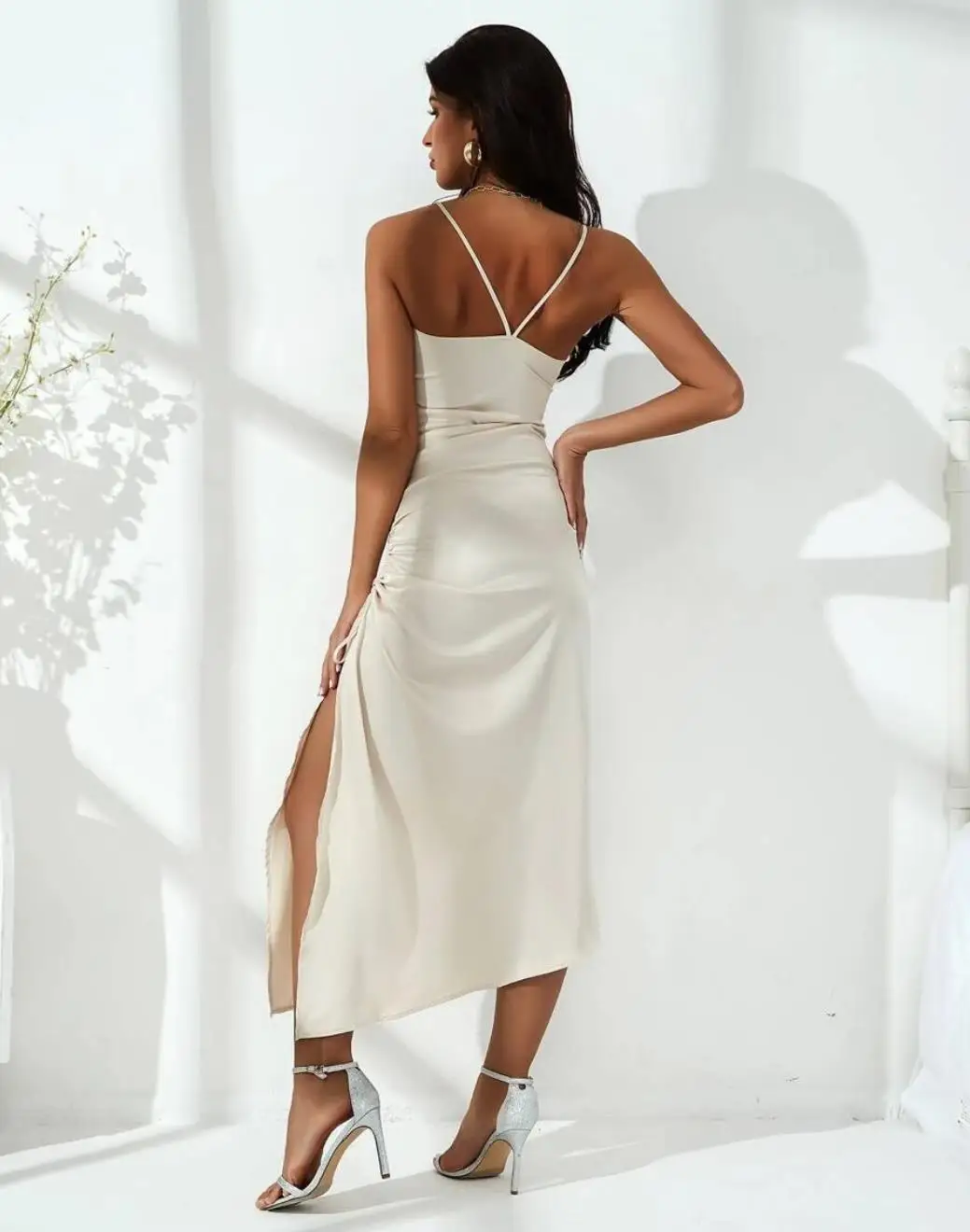 
Ladies Formal Single Side Slit with Drawstring Backless Solid Color Sleeveless Party Dress 
