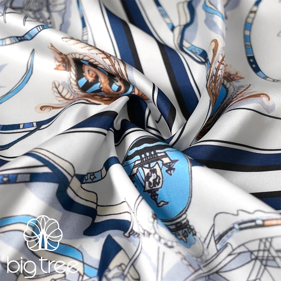 Low MOQ Custom Nautical Digital Print Smooth and Soft Polyester Spandex Satin Fabric for Scarf Dress Shirt