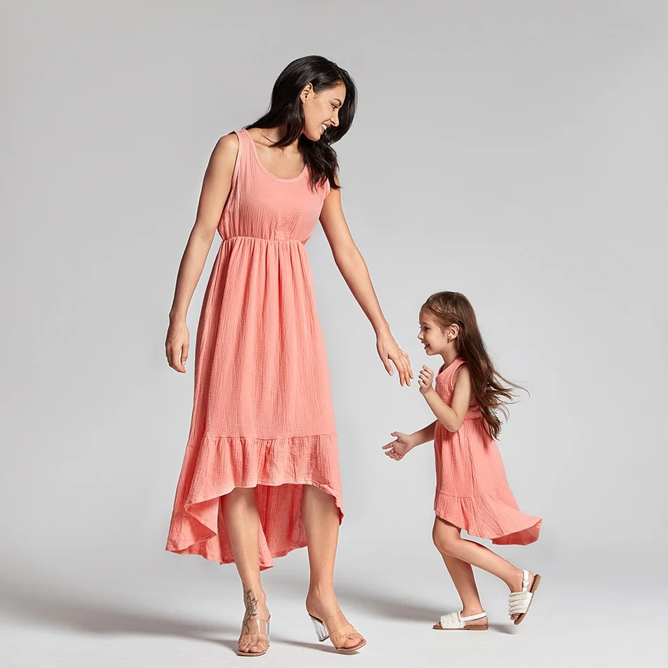 
New Product Comfy Holiday Beach 100% Cotton Short Sleeve Maxi Dresses Mother and Daughter Dress 