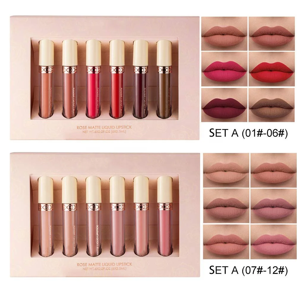 6Pcs Matte Liquid Lipstick Long Lasting Waterproof Velvet Lips Tint Non-Stick Cup Not Fade Lipgloss Makeup Sets for Girls Lipglo