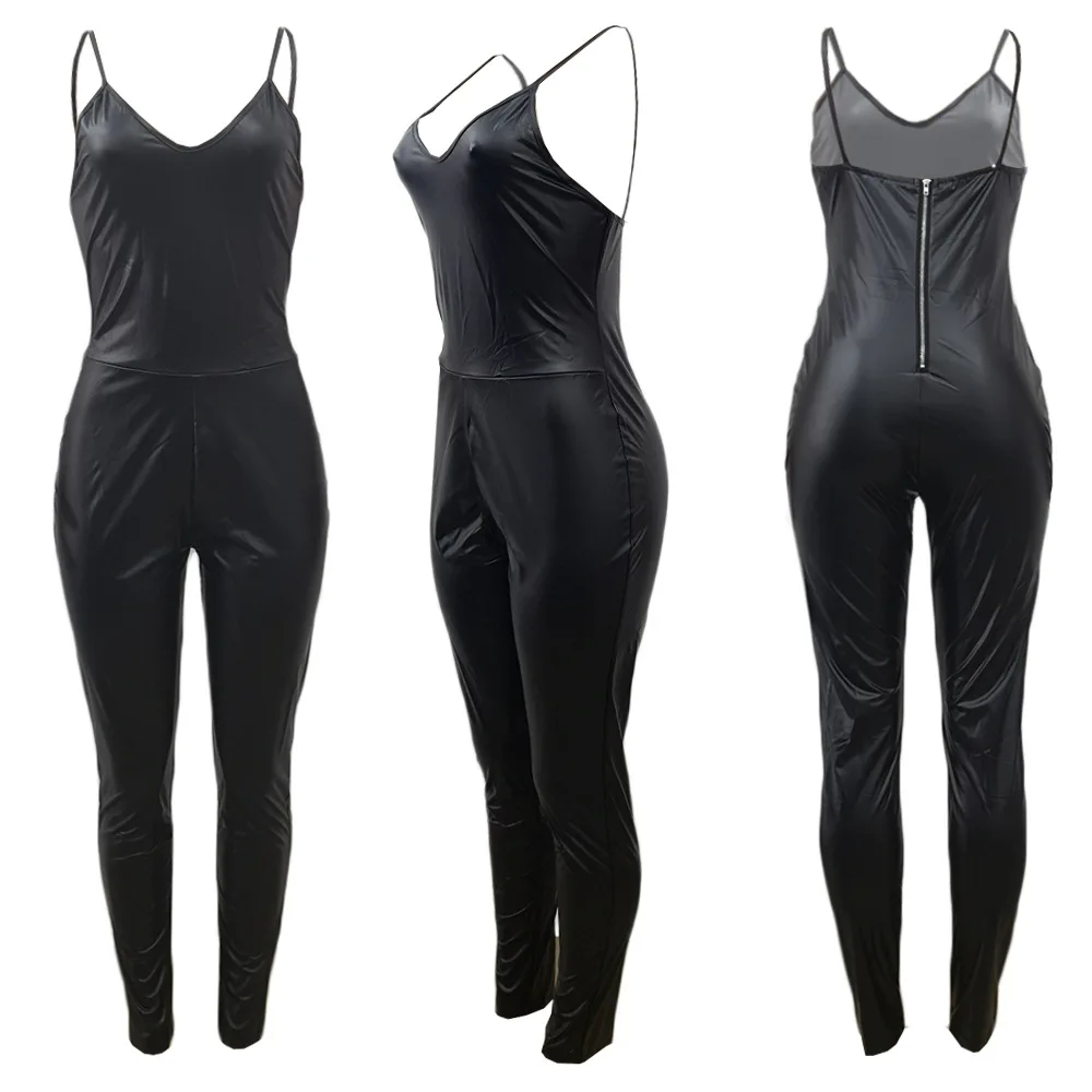 Women Sexy Skinny Backless Bodysuit PU Leather Skintight Sleeveless Jumpsuit Sehe Fashion