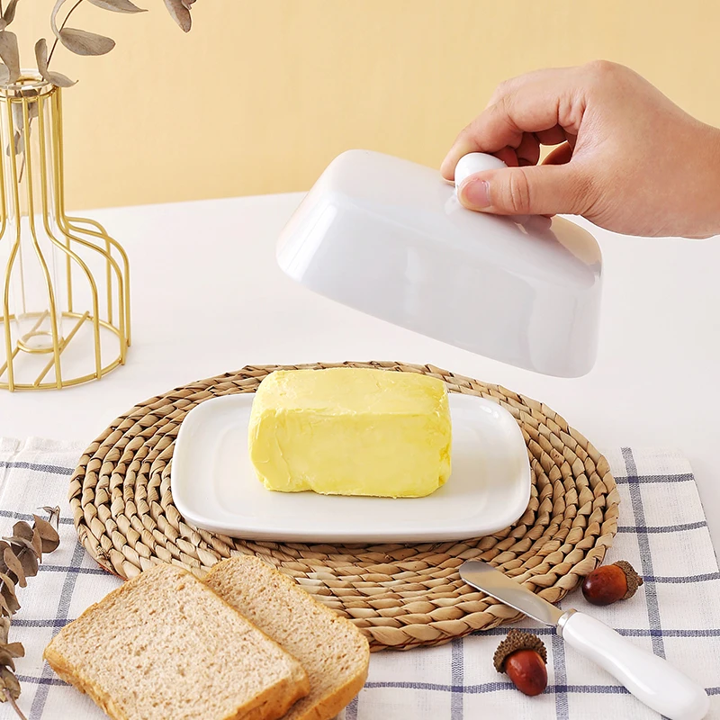 Amazon Hotsales MOQ 200 custom rectangle white ceramic porcelain butter dish with lid