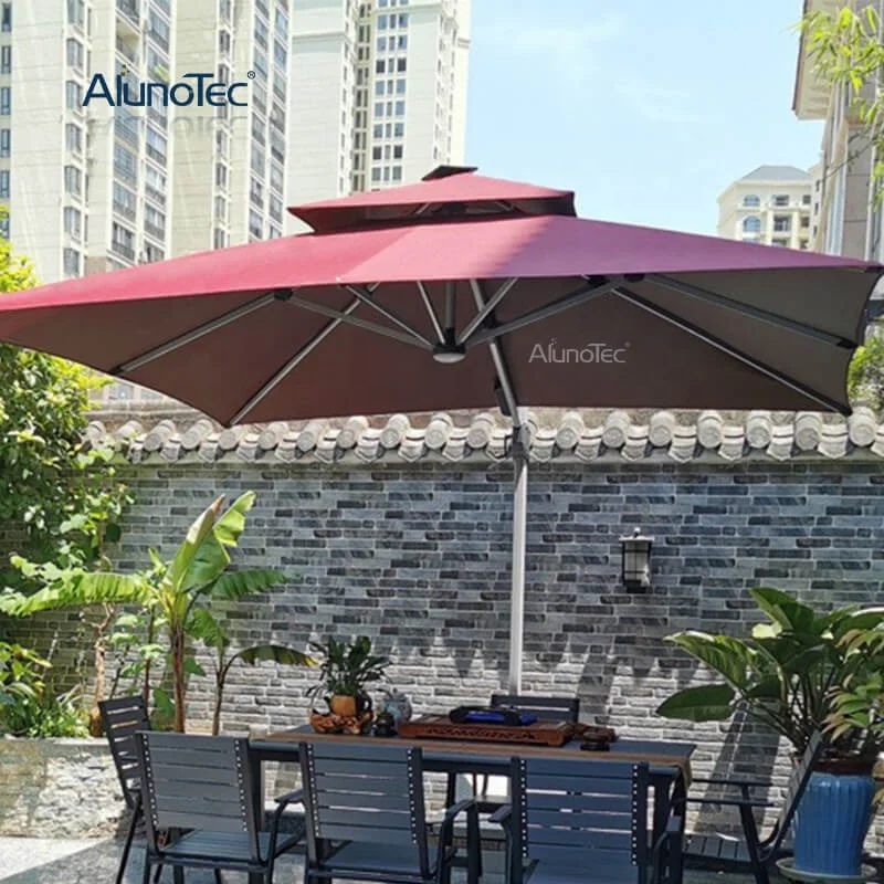Luxury Outdoor Marble Base Cafe Sun Umbrellas Pergola Cover Parasols Square Patio Umbrella with Solar Light