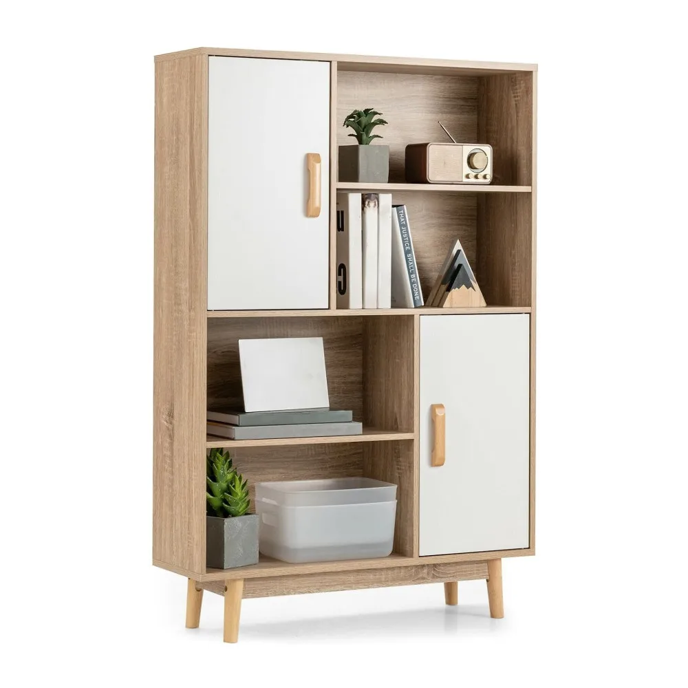 Custom multiple storage wood cupboard natural storage cabinet sideboard design shelves MDF standing bookcase bookshelf