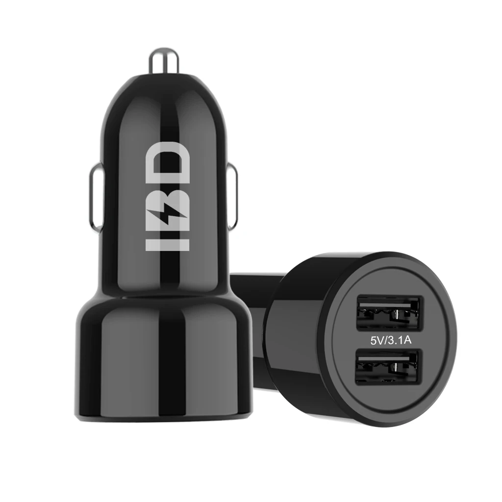 Black OEM Two-port USB Car Charger Built-in Blue LED Light Car Charger with Private Mold for Mobile Phone