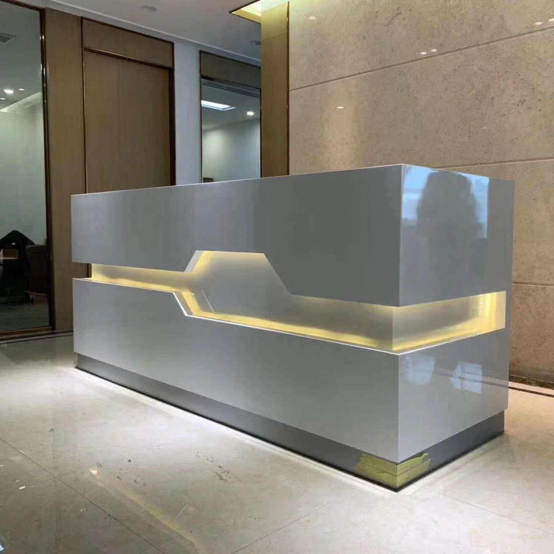 custom make 100% MDF wood with LED light and LOGO high gloss beauty salon hotel lobby office grand modern front reception desk