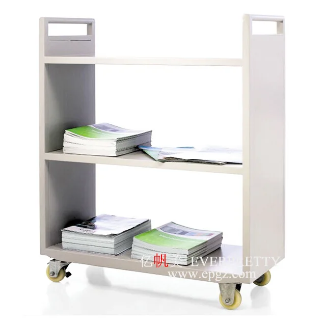 Double Side 3 Tier Steel Book Trolley with 3 Sloping Shelves at Epual Heights with 4 Castors