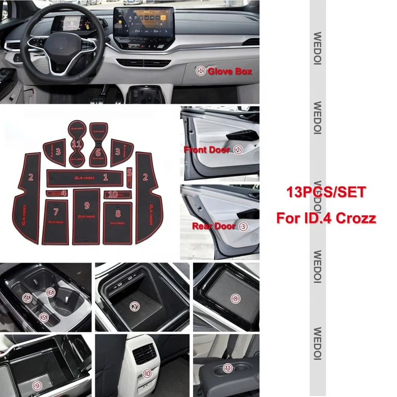 13PCS Door Mats Gate Slot Mat For VW ID.4 Crozz Cup Holders Inserts Center Console Liners For Volkswagen ID.4 Accessories