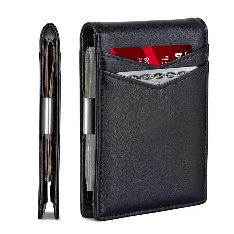 Custom Leather ID Window Card Case Wallet With Metal Money Clip RFID Blocking Business Slim Bifold Wallet For Man
