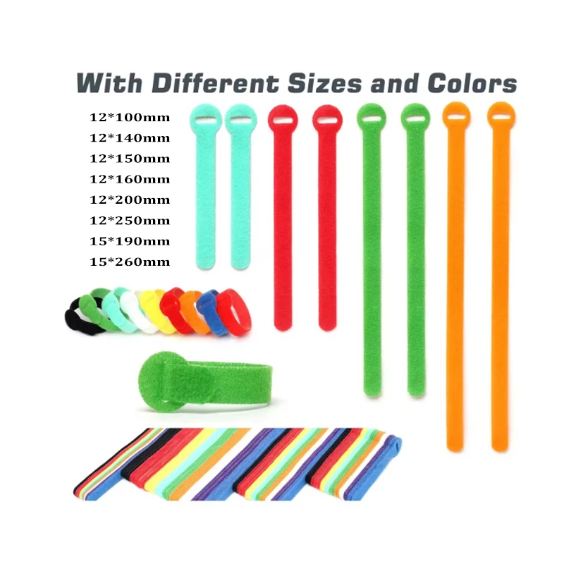 High Quality Elastic Adhesive Adjustable Cable Ties-Multi-Size Colorful Hook Loop Tape Reusable Shoes Bags Garments Printed Logo