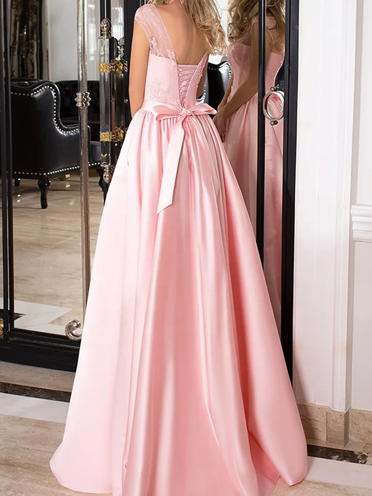 6817#A-Line Floor Length Illusion Lace Satin Sleeveless Prom Gowns Evening Dress Prom Dresses Pink Teen Prom Dresses