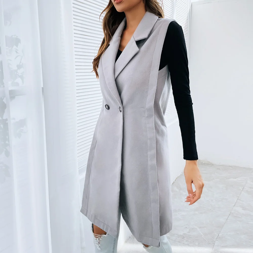 autumn Fashion buttons office women gray Jacket Suit Coat Vest with large lapel side slit