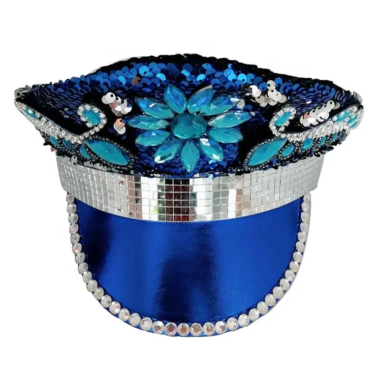 Wholesale Custom Carnival Blue Sequin Hat With Diamonds Burningman captions