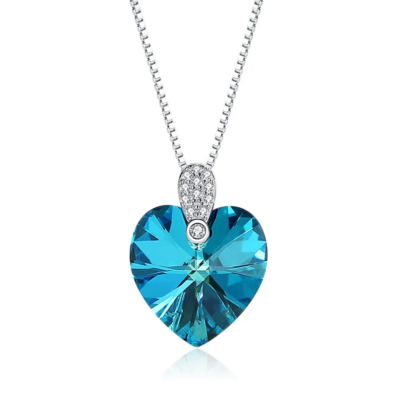 Gold&Silver Island 100% Real S925 Sterling Silver Pendant Blue Gem Heart Stone for Women with Box Chain 14*18mm HOYON