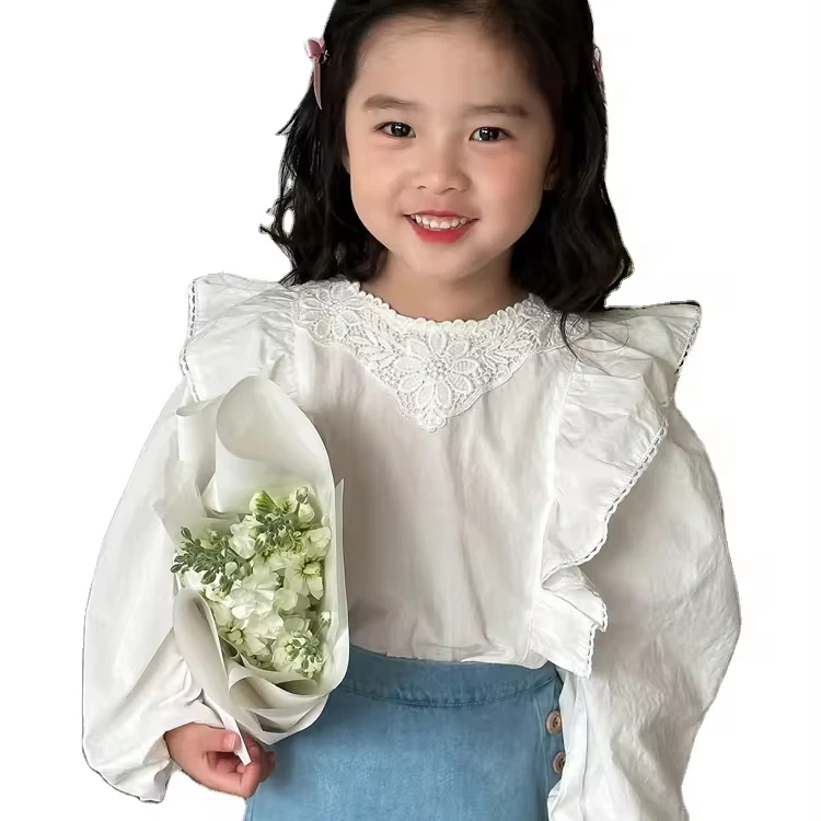 Korean version of female treasure heavy industry 2024 spring new girl lace collar long-sleeved shirt flying sleeve shirt