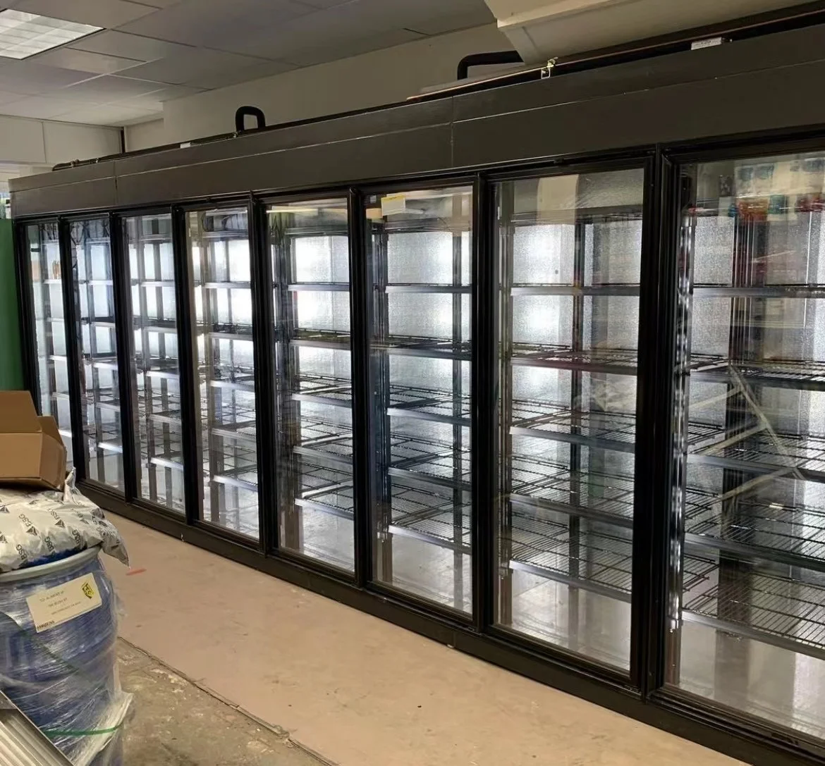 Liquor store beer cave and display cooler for walk in glass doors