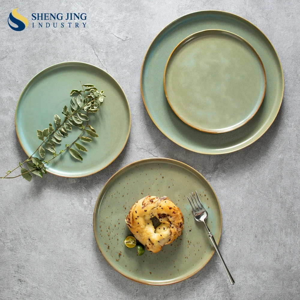 Nordic Green Ceramic Glaze Hotel Porcelain Round Dishes & Plates Restaurant Pottery Dinner Steak Plato Serving Flat Plate