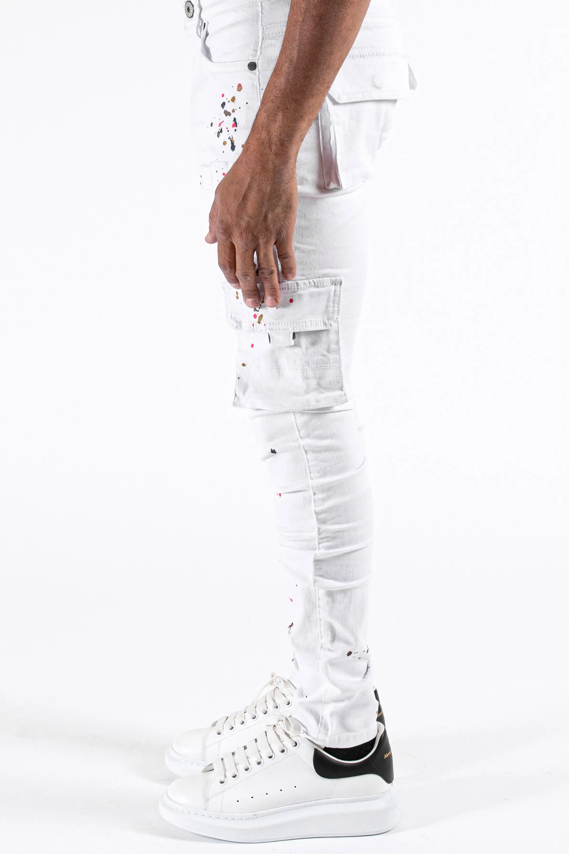 Hot selling plus size mens jeans trousers  elastic white cargo skinny denim pants juniors ripped jeans for men