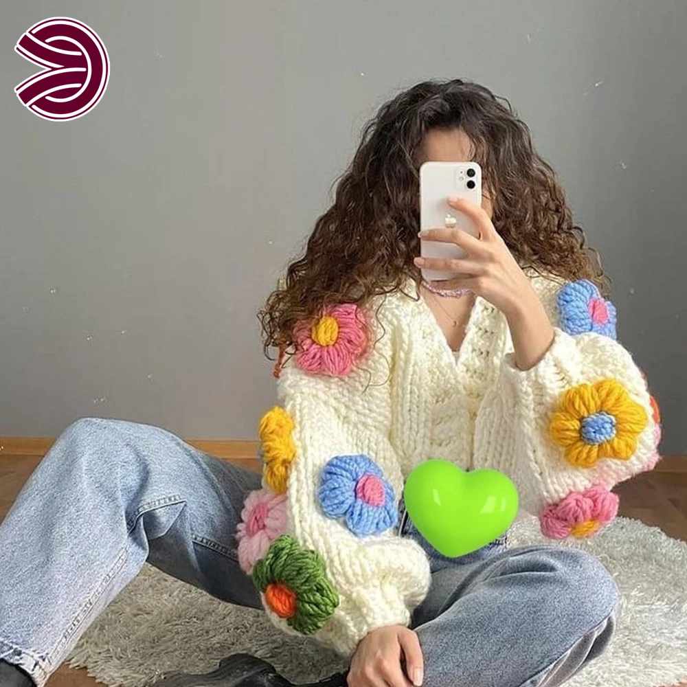 New Arrival Custom Floral 3D Flower Pattern Long Sleeve Handmade Cardigan Top Coat Hand Knitted Ladies Crochet Sweater