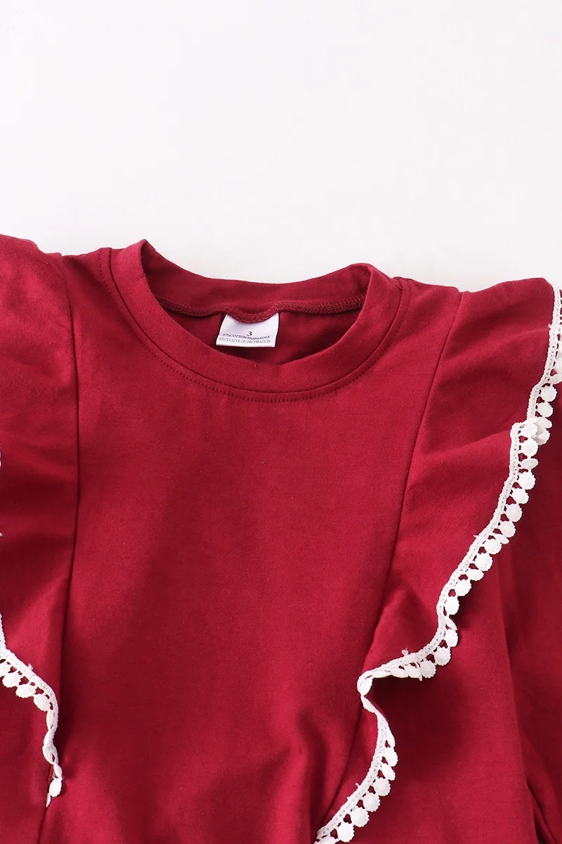 Girlymax 2023 Fashion Boutique Burgundy Cotton Ruffle Long Sleeve Cheetah Pants Baby Girls Outfit