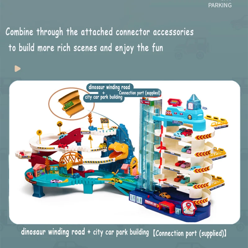 Wholesale kids creative electric sound and light car parking lot track parking building breakthrough big adventure rail car toys
