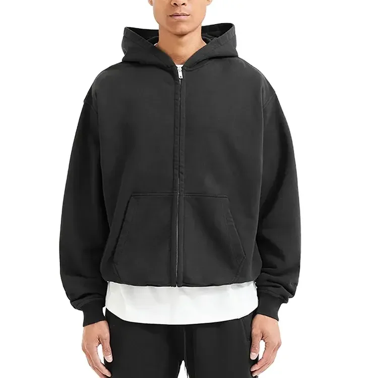Heavy weight plain hoodie double zipper hoodie 430 gsm fleece boxy fit black oversized zip up hoodie