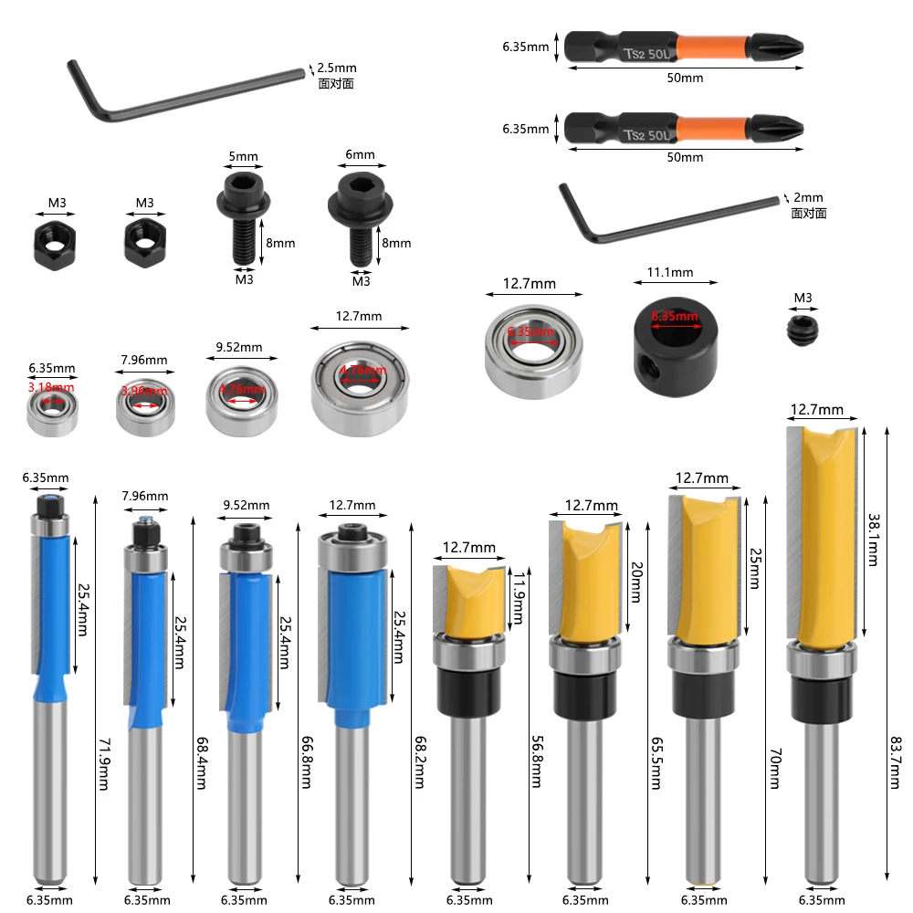 LAVIE 1/4 Shank 16pcs Router Bit Set Screwdriver Bit Bearing Set Router Bit for Wood Working T16AC07