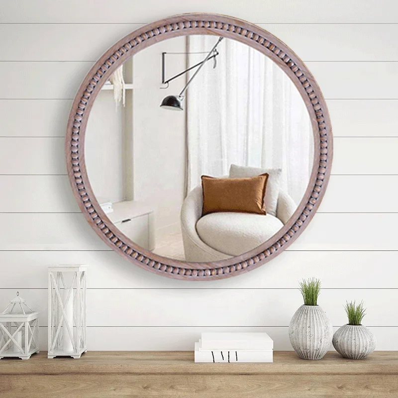 Rustic Round Wooden Frame Wall Mirror Hanging Ornate Round Wall Mirror Wall Decorations For Home