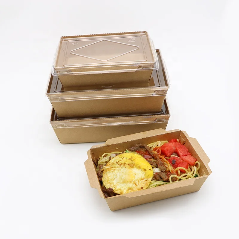 Biodegradable kraft food container water proof paper tray with plastic lid