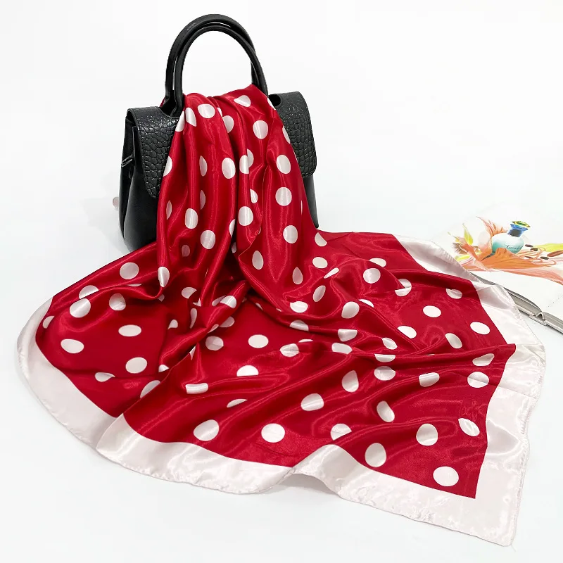 Wholesale Fashion Women Square Silk Head Scarf Polka Dot Printed Satin Silk Hijabs Scarves 90x90