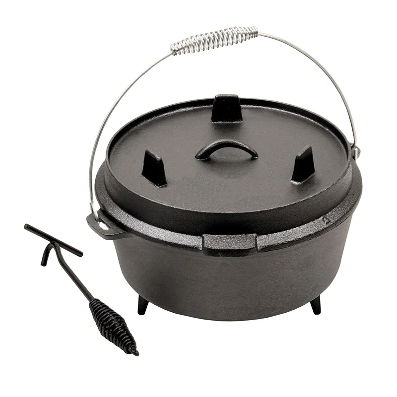 Europe hot sell outdoor cookware pre-seasoned 4.5qt metal pot cast iron dutch oven with lid lifter and leg on lid and bottom
