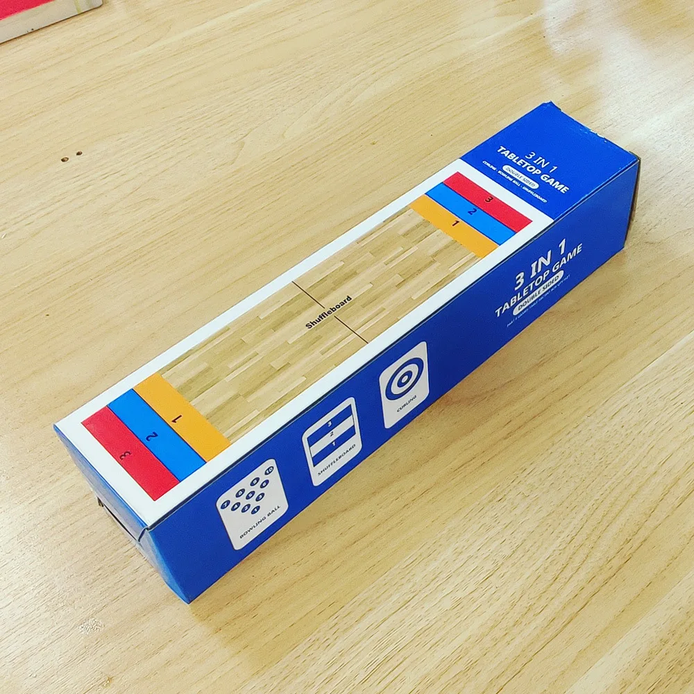 Table Top / Tabletop Wooden Shuffleboard and Board Curling Game Indoors Set, 3 IN 1 for Kids, Family Games