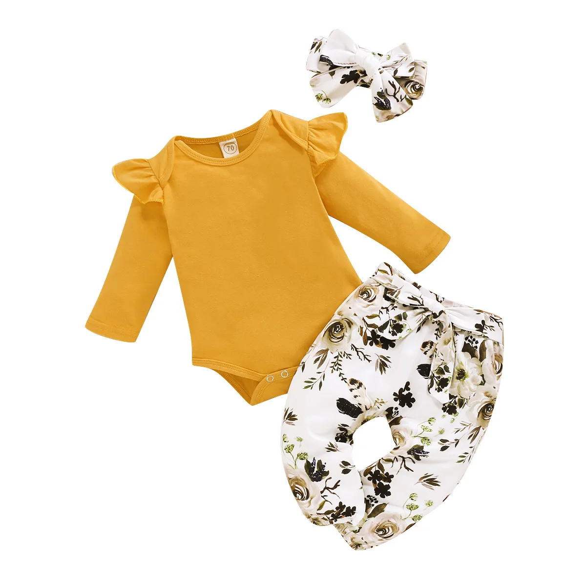 
Custom logo Infant Baby Clothes Girls Solid Romper Belted Floral Pants Cotton Outfits Baby Clothing Sets Clothes 