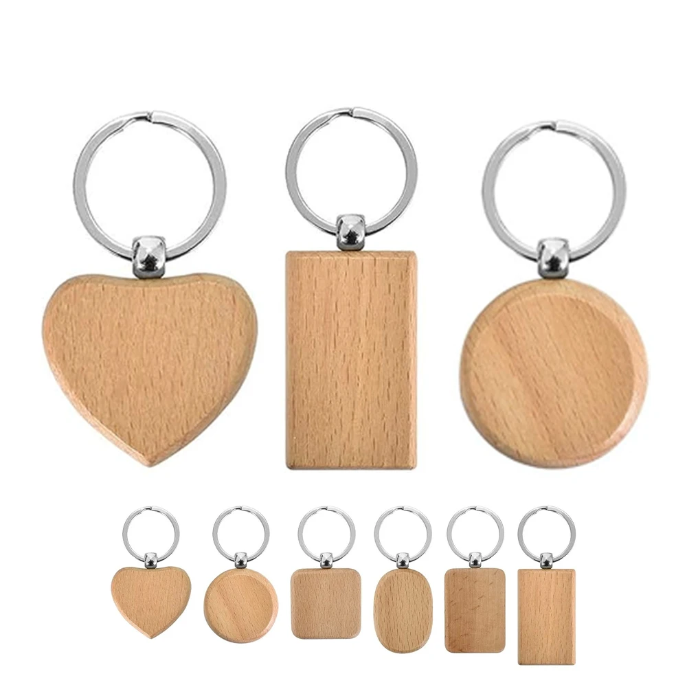 Custom wholesale pendant rectangle heart square round oval plain wood blank Beech wooden key chain Key Ring