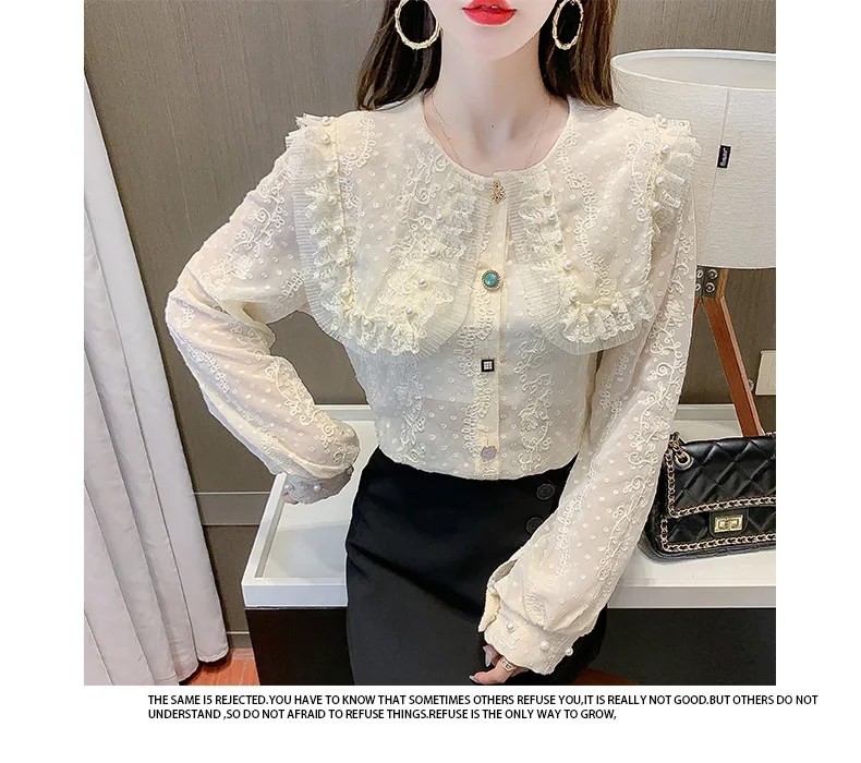 Fall 2021 Lace Pearl Lace Blouse Long sleeve Blouse for women