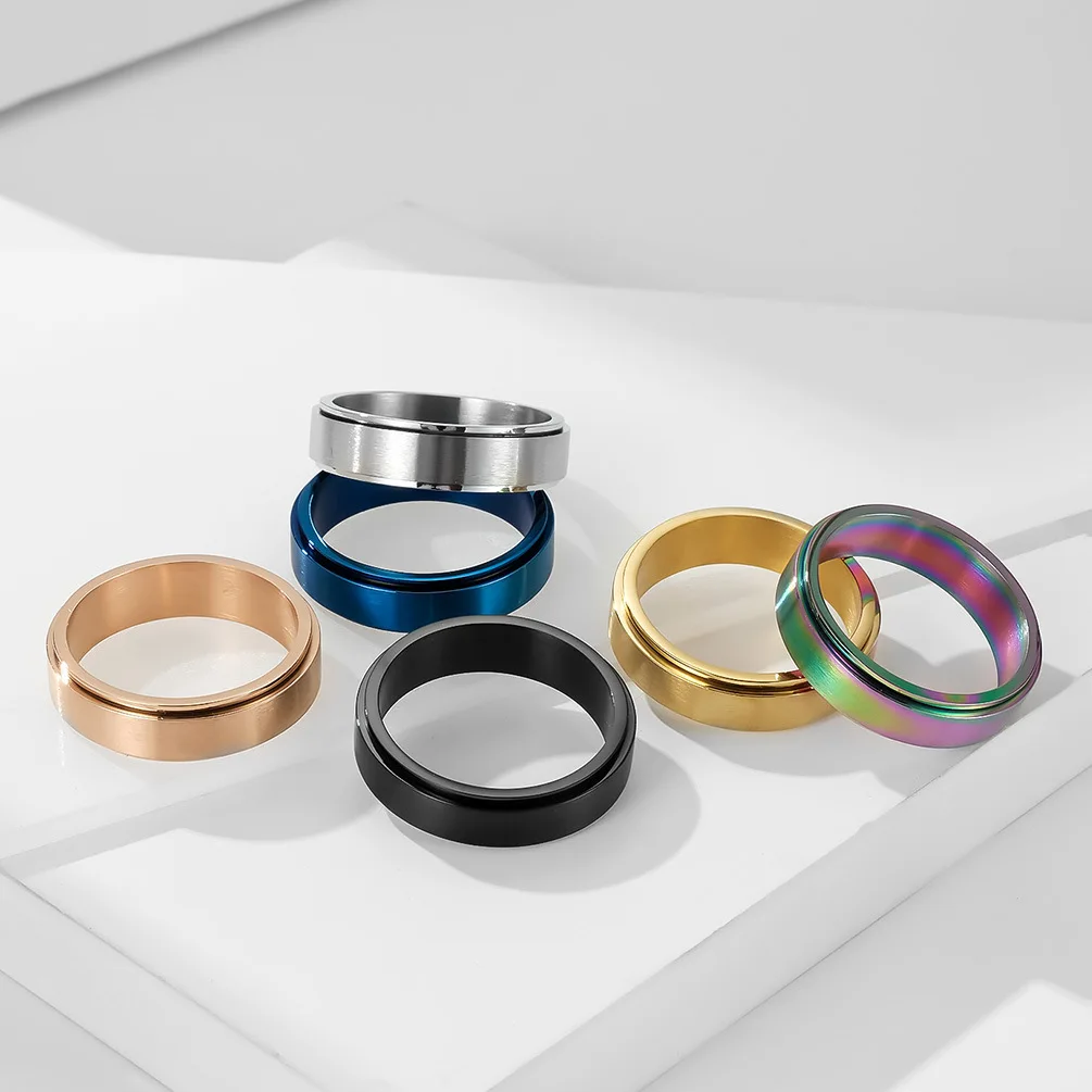 Wholesale Matte Gold Stainless Steel Rings Finger Jewelry Rainbow No Fade Rotatable Spinner Rings For Pride