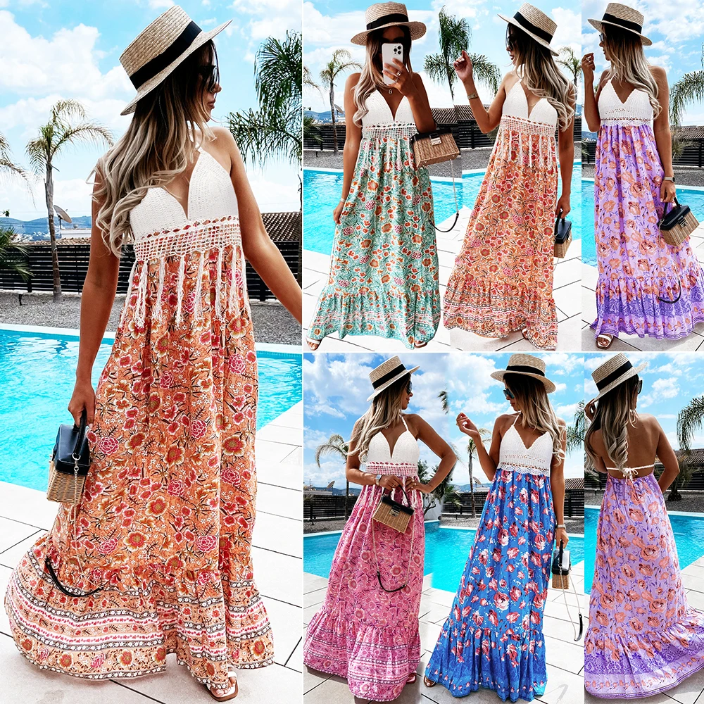 2022 Summer Floral Print Patchwork Crochet Top Bra Sexy Halter Lace Up Backless Beach Bohemian Tassel dress Casual Dresses