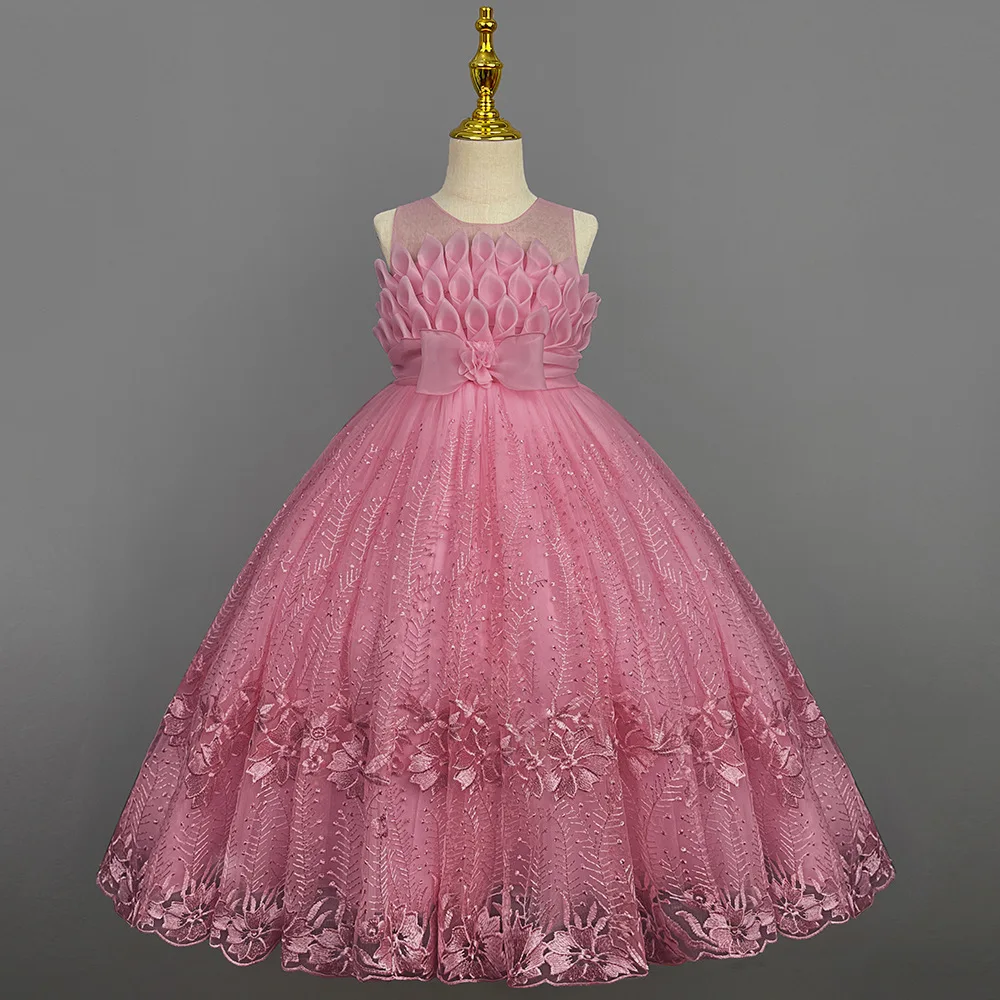 Finalz Christmas Embroidered Long Kids Tulle Wedding Party Night Dresses for Girls of 11 Years Children Summer Sleeveless Bow