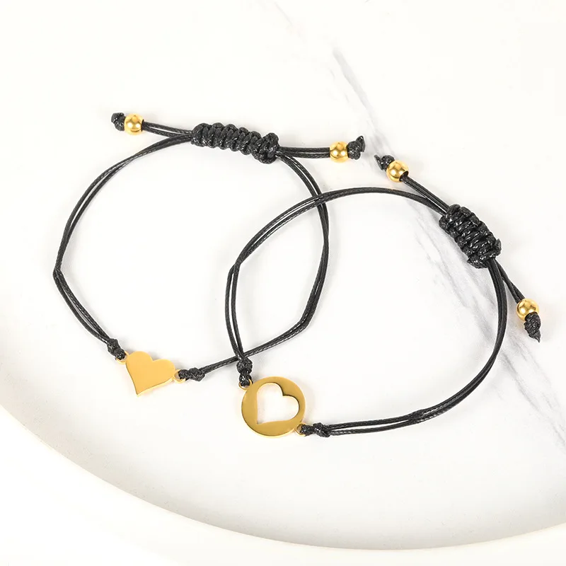 4Pcs/Set Four Hearts Star Moon Sun Woven Wax Rope Stainless Steel Mother Daughter Bracelets Wish Card Friendship Best Friends