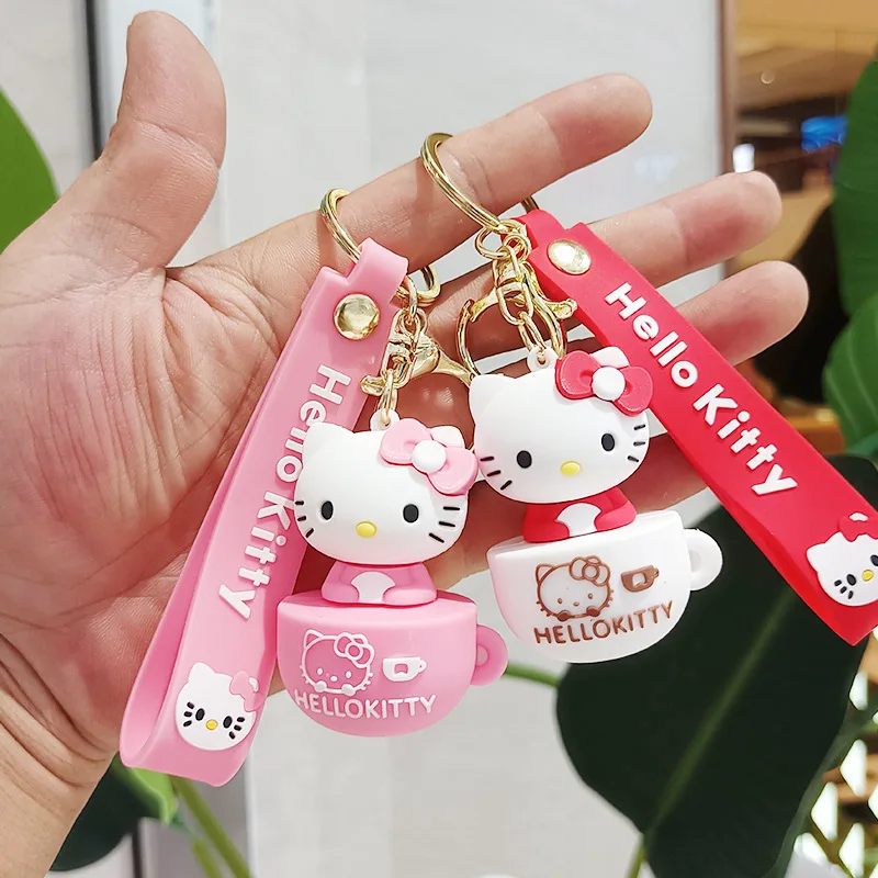 Hot sale 3D PVC Cartoon Cup Kitty Cat Key Ring Kawaii Hello Kitty Keychains Silicone Cute Key Chains for Bags