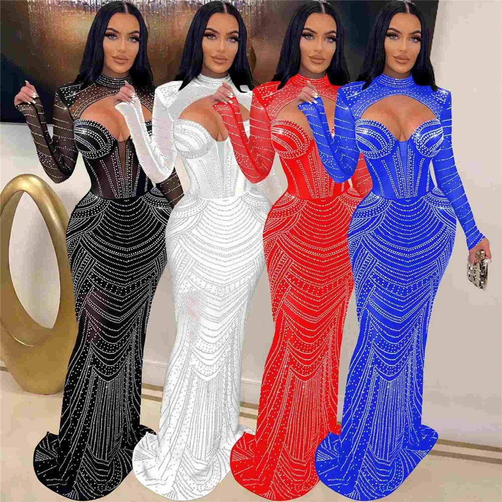 Plus Size Dress Europe and America cross border Women see through slim fit rhinestone dress