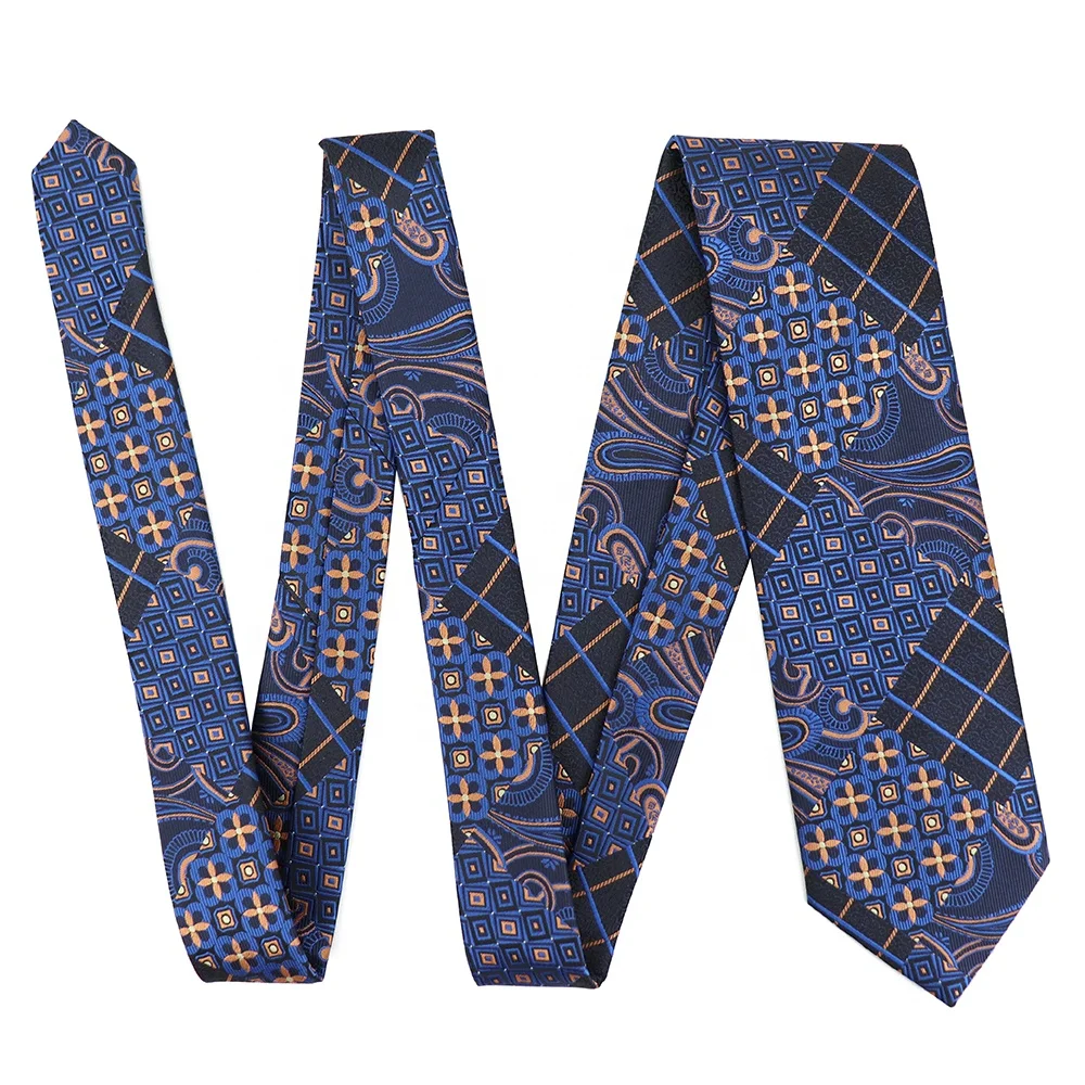 Custom Brand Logo Vintage Floral Woven Necktie Men Four Kind Flower Pattern Splicing Jacquard Polyester Tie Navy