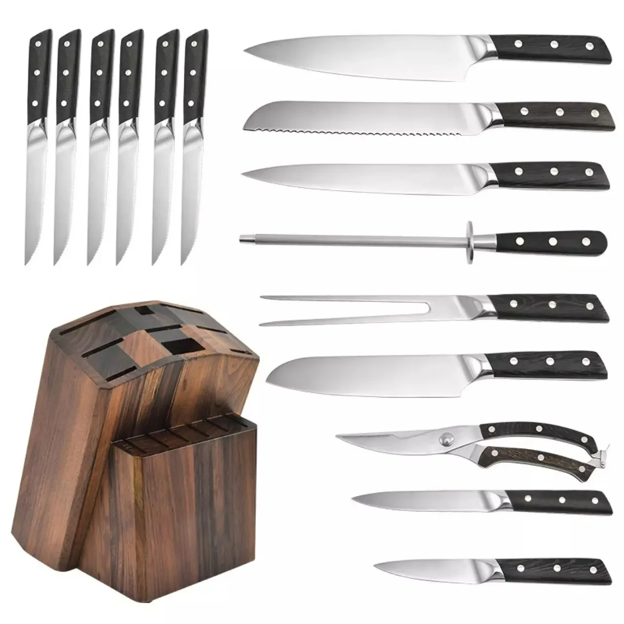 15 piece Japanese knife set Kitchen knife set with block wood Pakka Chef Knife set with scissors
