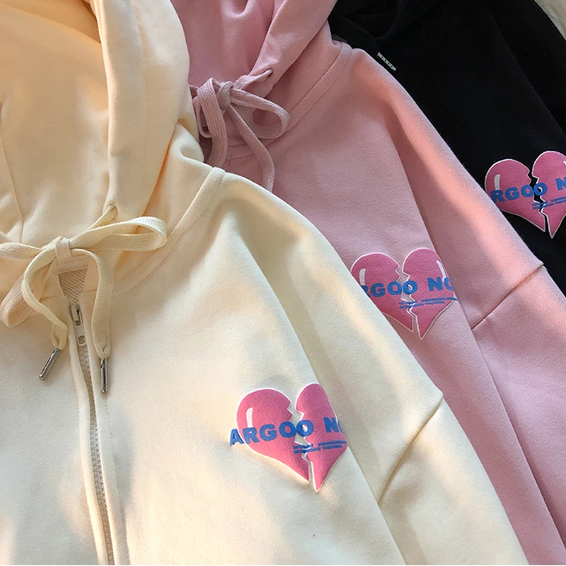 American love broken letter back foam print female hooded cardigan hoodie spring and autumn thin loose zipper coat