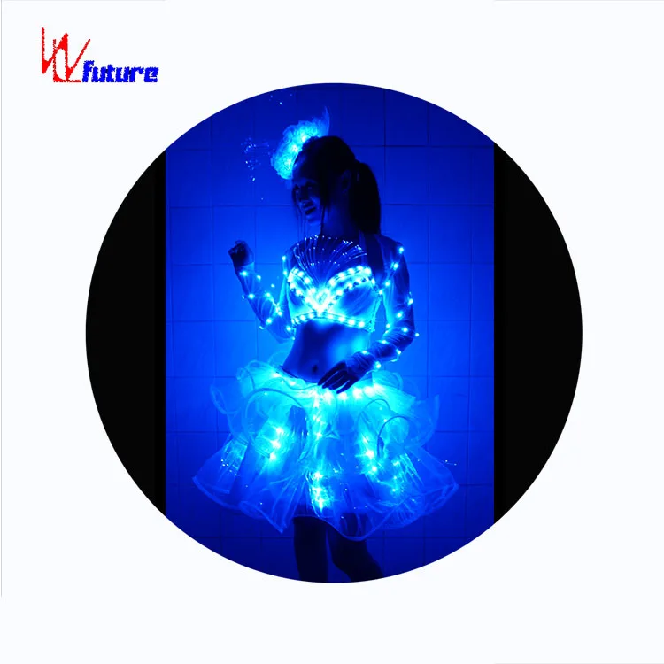 Attractive Disco Bar Party LED Costumes Glow Belly Dance Dress Stage Performances Printed Style Ballroom Bra Night Club