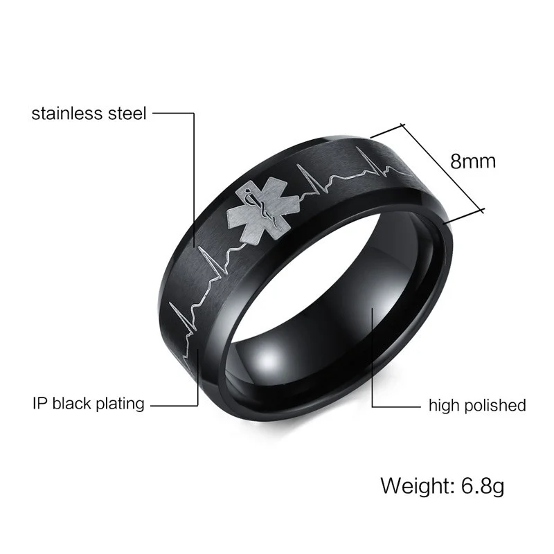 Yiwu Meise Identification Rings for Men Jewelry Punk Black 8MM Stainless Steel  Medical Ring