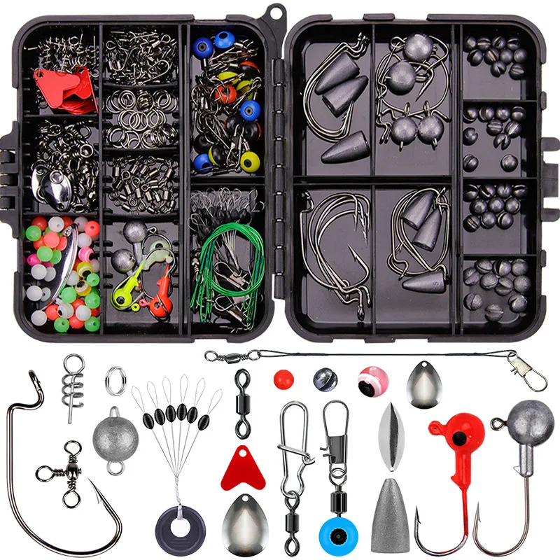 257pcs Lure Fishing Swivel Sinkers Shore Fishing Accessories Kit Including Swivel Fixed Bead Swivel Connector Crank Hook Fishing