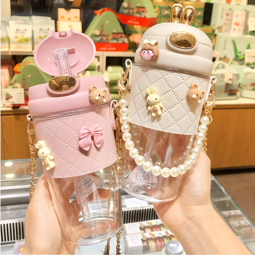 420ml Outdoor Portable Cute Rabbit Water Bottle Flask Thermal Kids Tumblers Cup With Strap And Straw